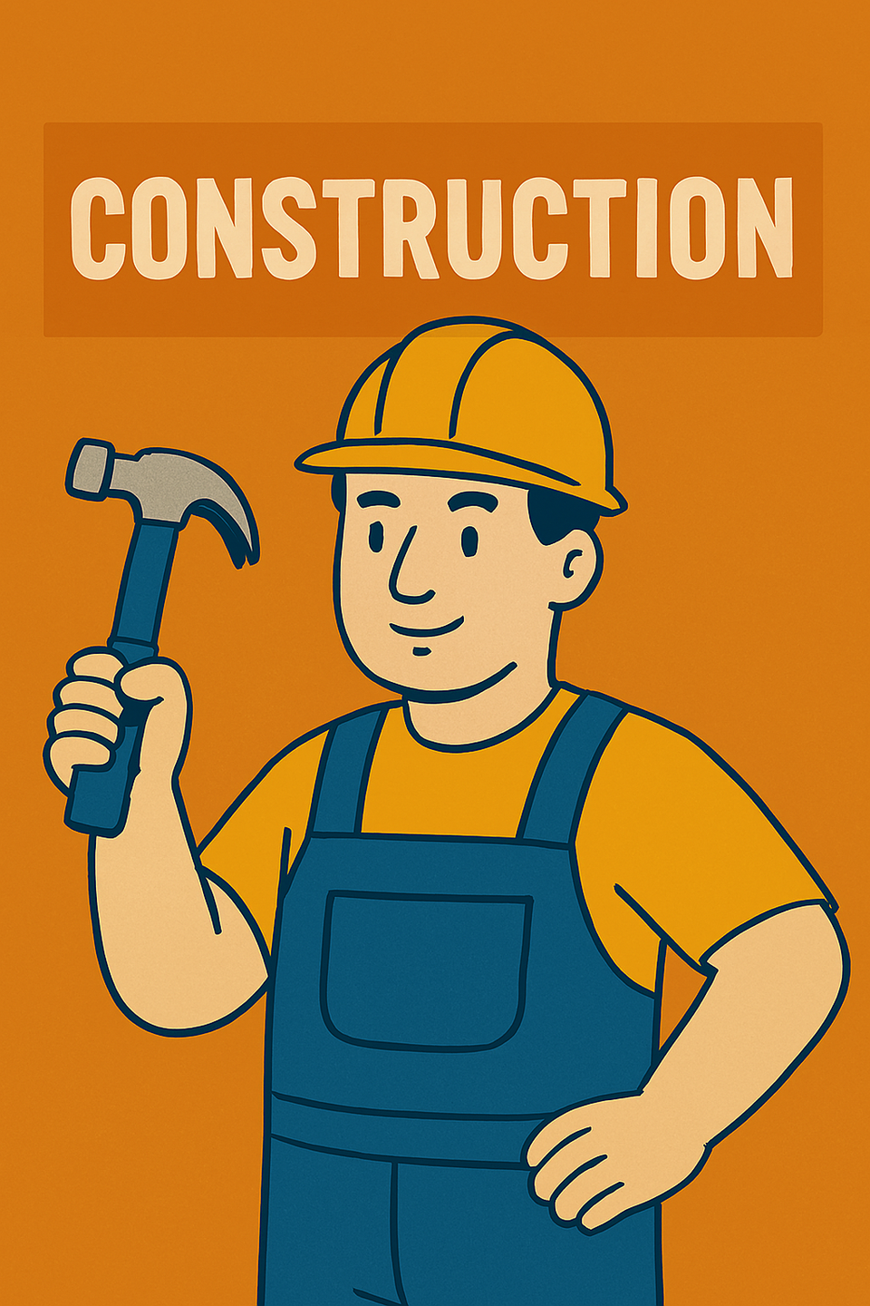 Handyman with hammer in hand in colors of blue mustard and orange