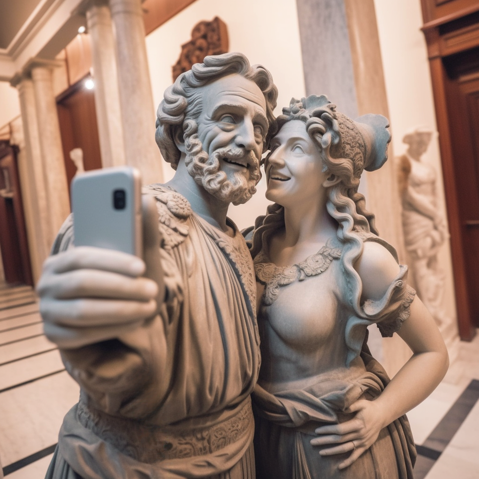 Two greek sculptures taking a selfie inside the museum.