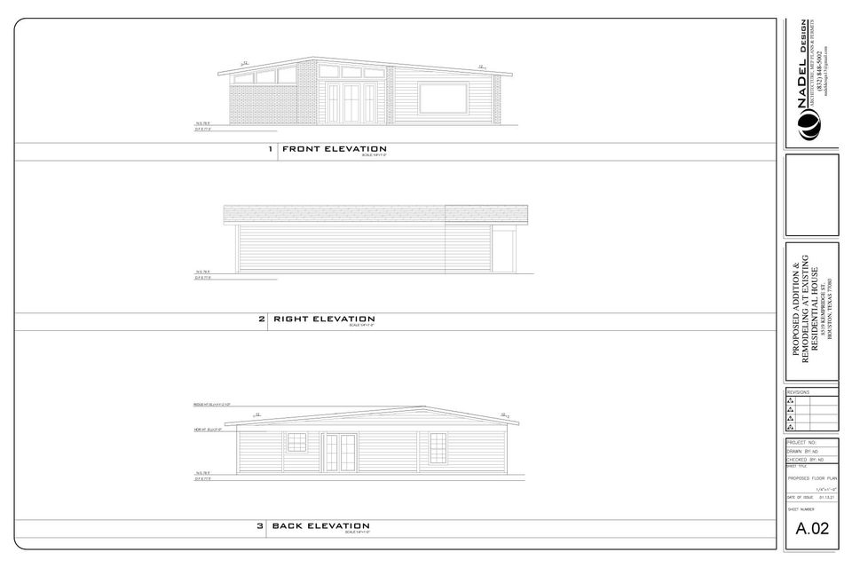 Front, right, and back elevations for proposed addition and remodeling at residential home by Nadel Design – Exterior views of new design.