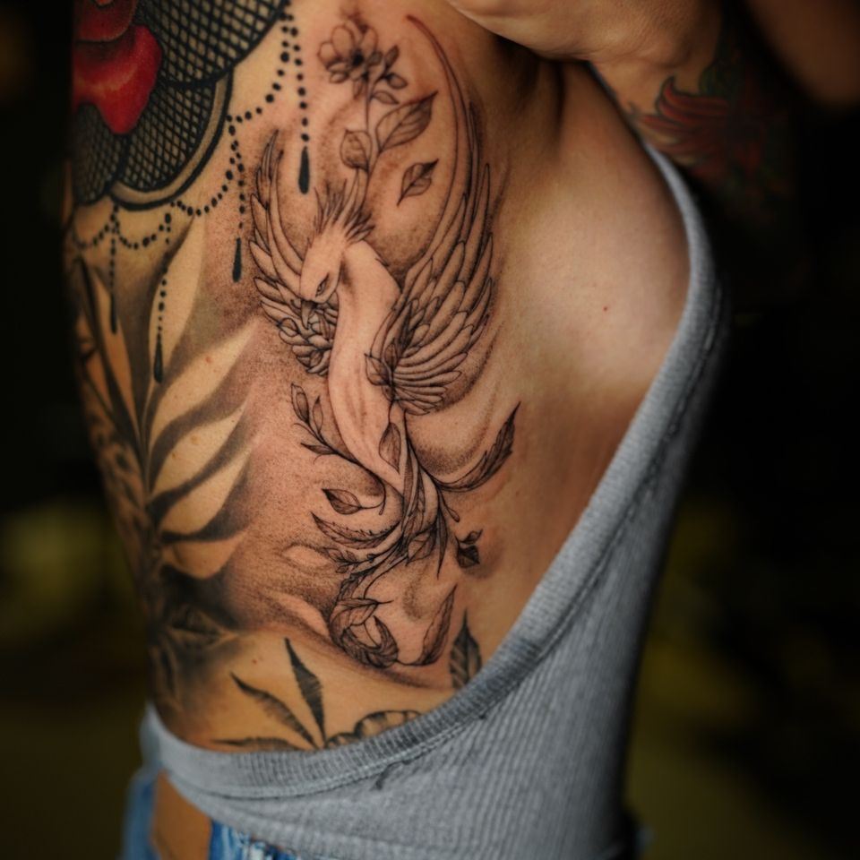 Image of a woman displaying her large black and white tattoo on her right side just behind her breast extending partially into her armpit