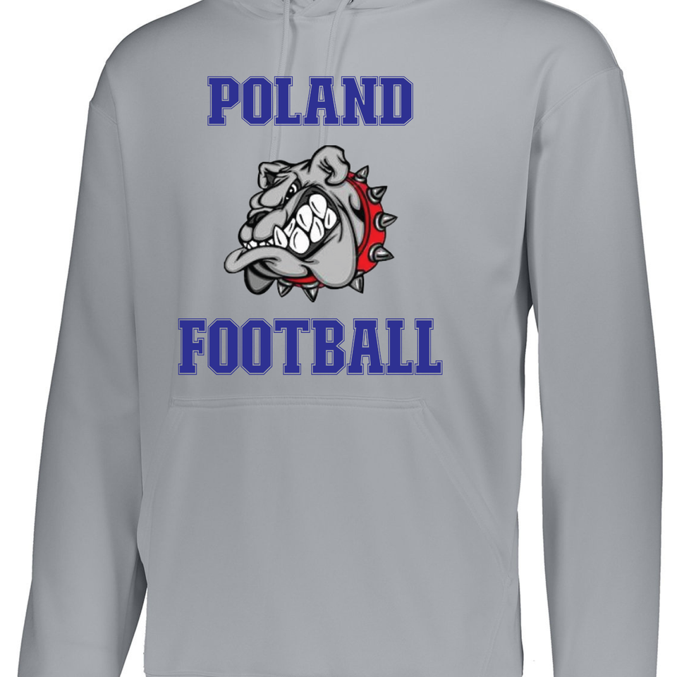 Gray hooded sweatshirt with Poland Football text and a bulldog mascot design printed on the front.
