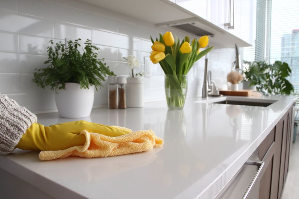 Cleaning kitchen counter with yellow gloves and microfiber