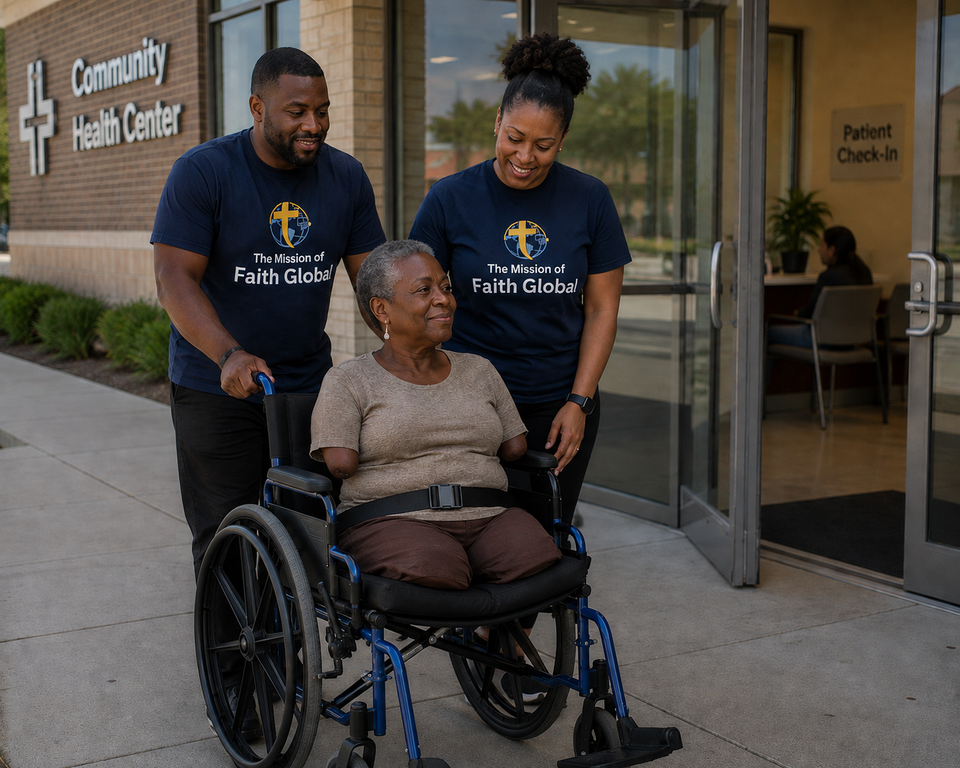 Aplus mission of faith women in a wheel chair w 2 peps