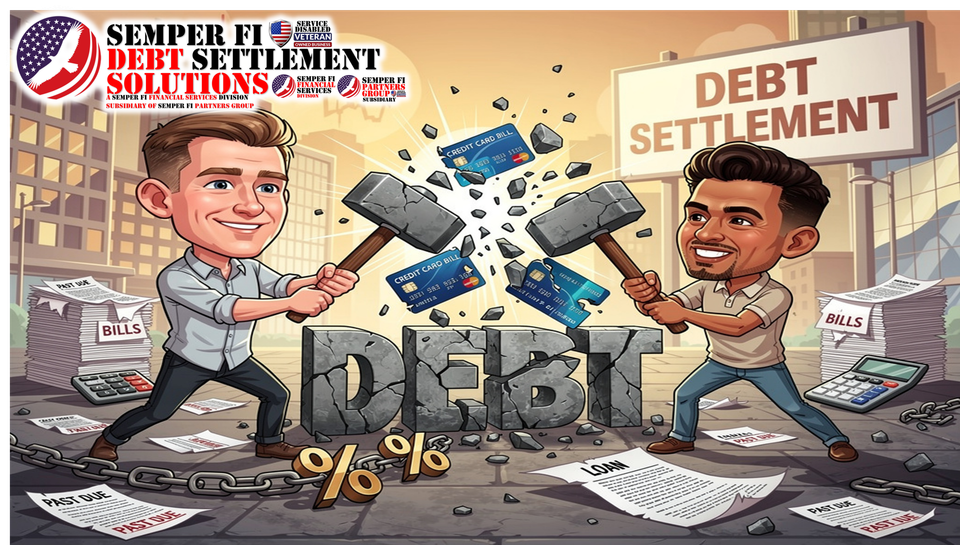Semper fi financial services debt settlement professionals caricatures with logo