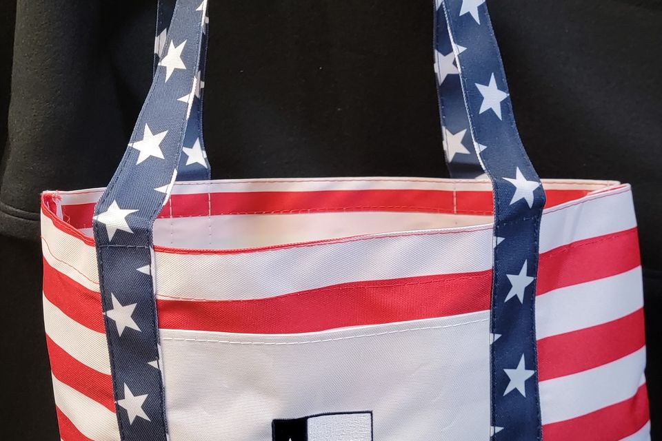 Sari's Creations logo below Texas flag with stars and stripes motif - embroidery example 