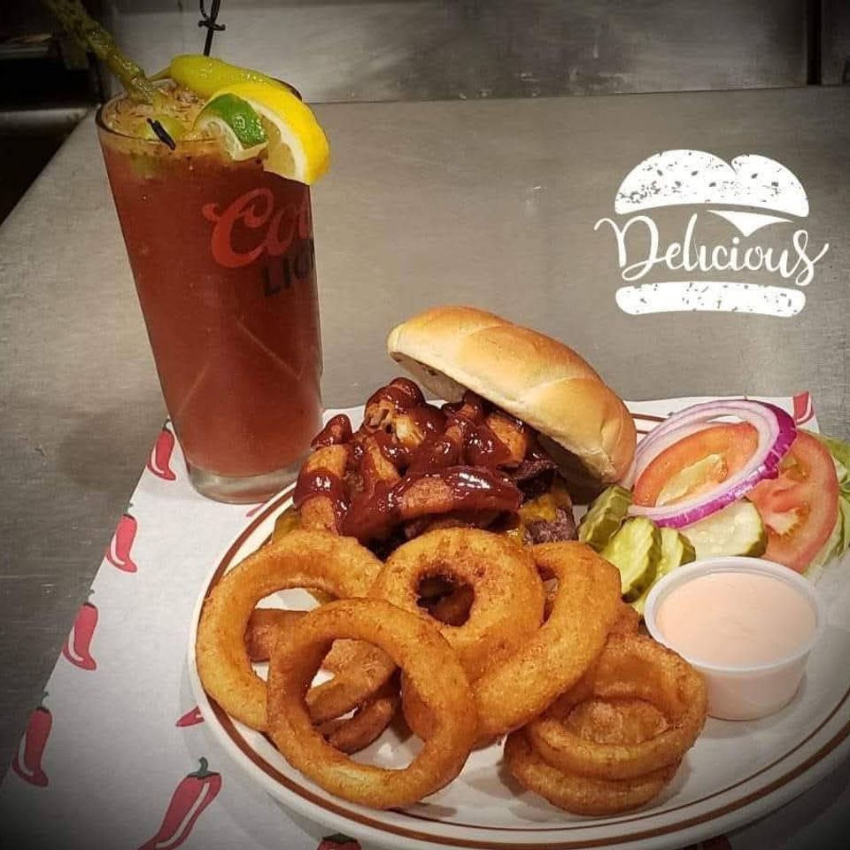 Burger and onion rings