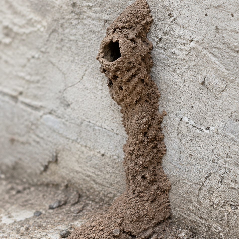 Termite mud tube on concrete foundation during Carmichael pest inspection