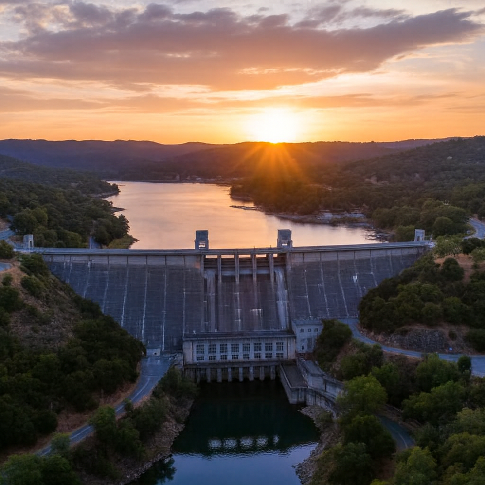 Wide aerial view of Folsom Dam at sunset with spillway, hydroelectric station, reservoir, and forested hills.