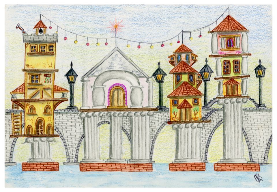 A drawing of a bridge supporting a castle atop, showcasing a whimsical architectural design against a clear sky.