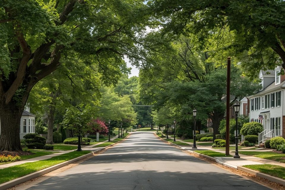 Realistic image  living in cheshire  ct means enjoying quiet neighborhoods  tree‑lined streets  and the beauty of mature oaks  maples  and ornamentals that frame homes and properties across the area.