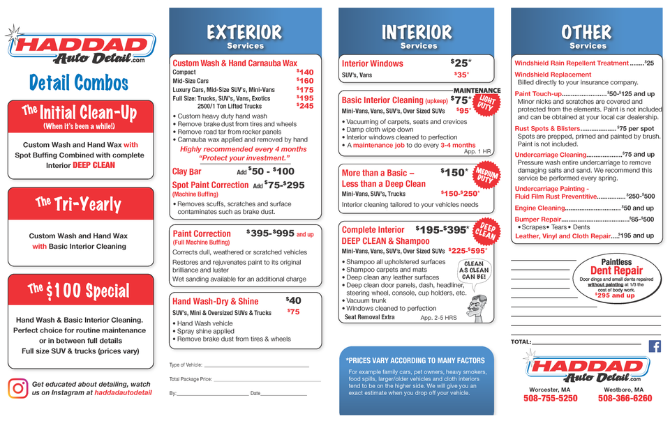 Haddad auto detail menu services 022326