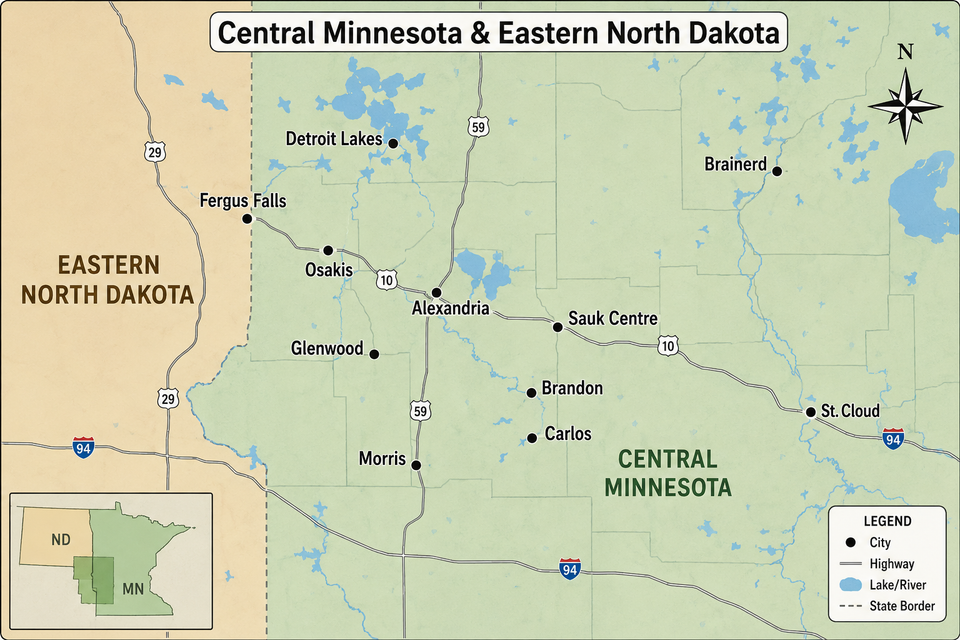 Central minnesota and eastern north dakota map