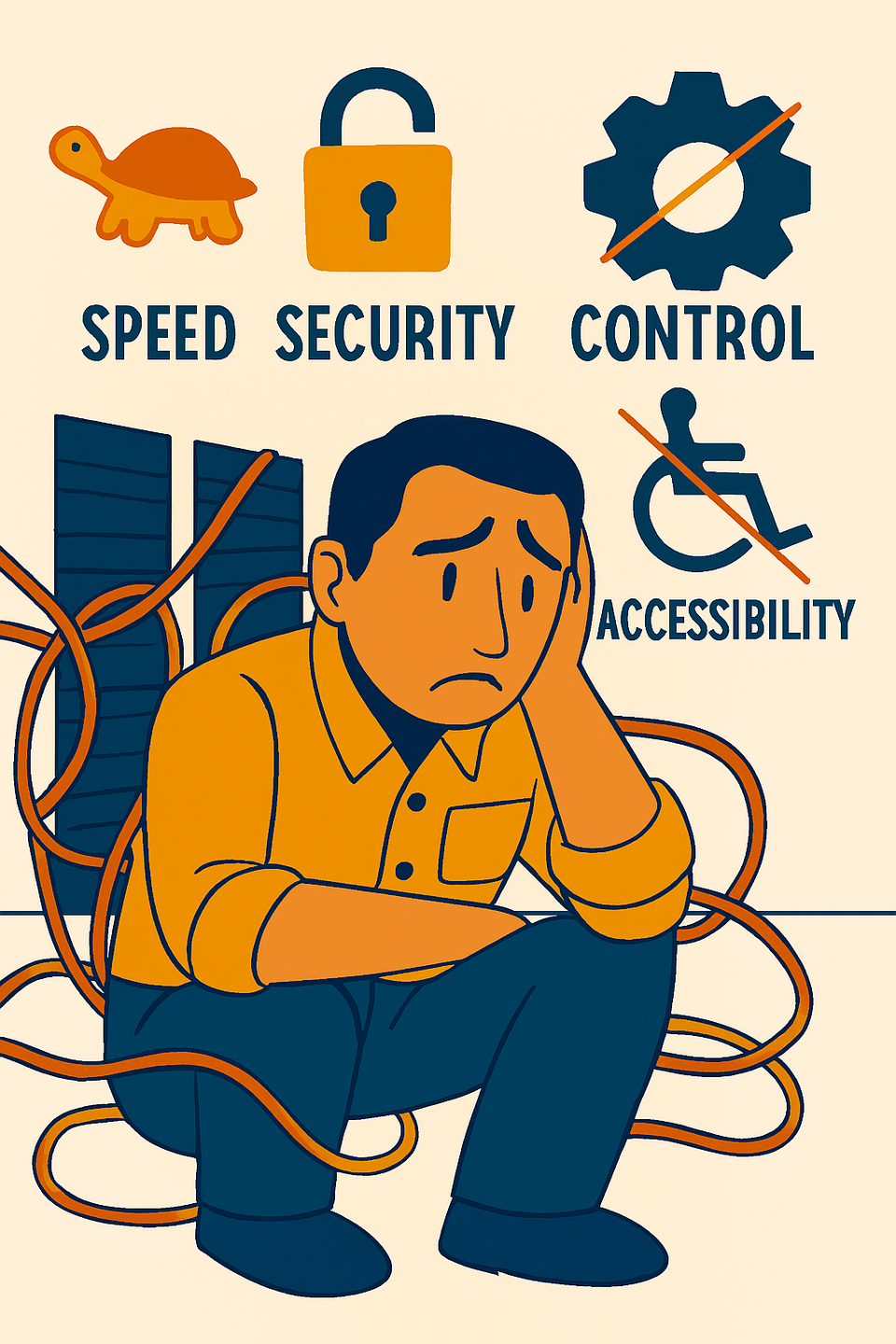 Sad man because website icons show slow  unlocked security  no control and no ada compliance