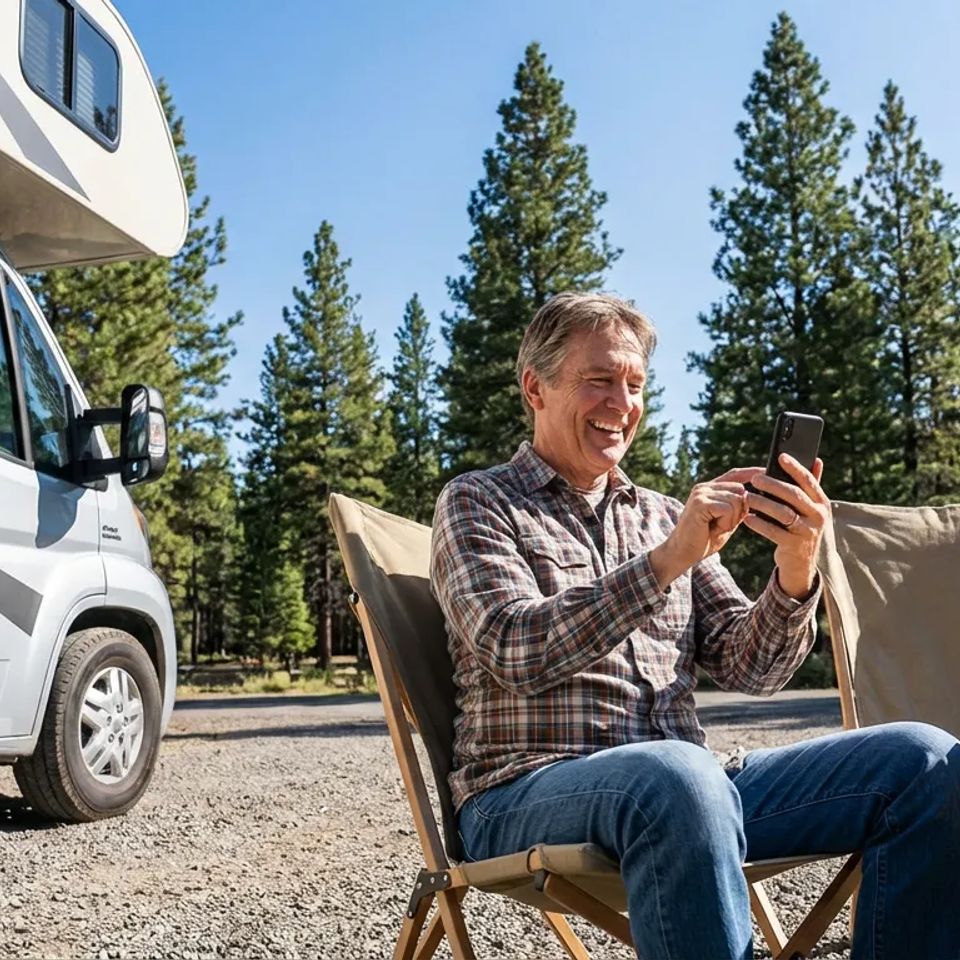 Smiling man relaxing in a camp chair next to his motorhome, checking his smartphone at a sunny, tree-lined RV park.