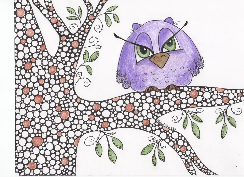 Purple owl bird line art zentangle style artist Emily Albright