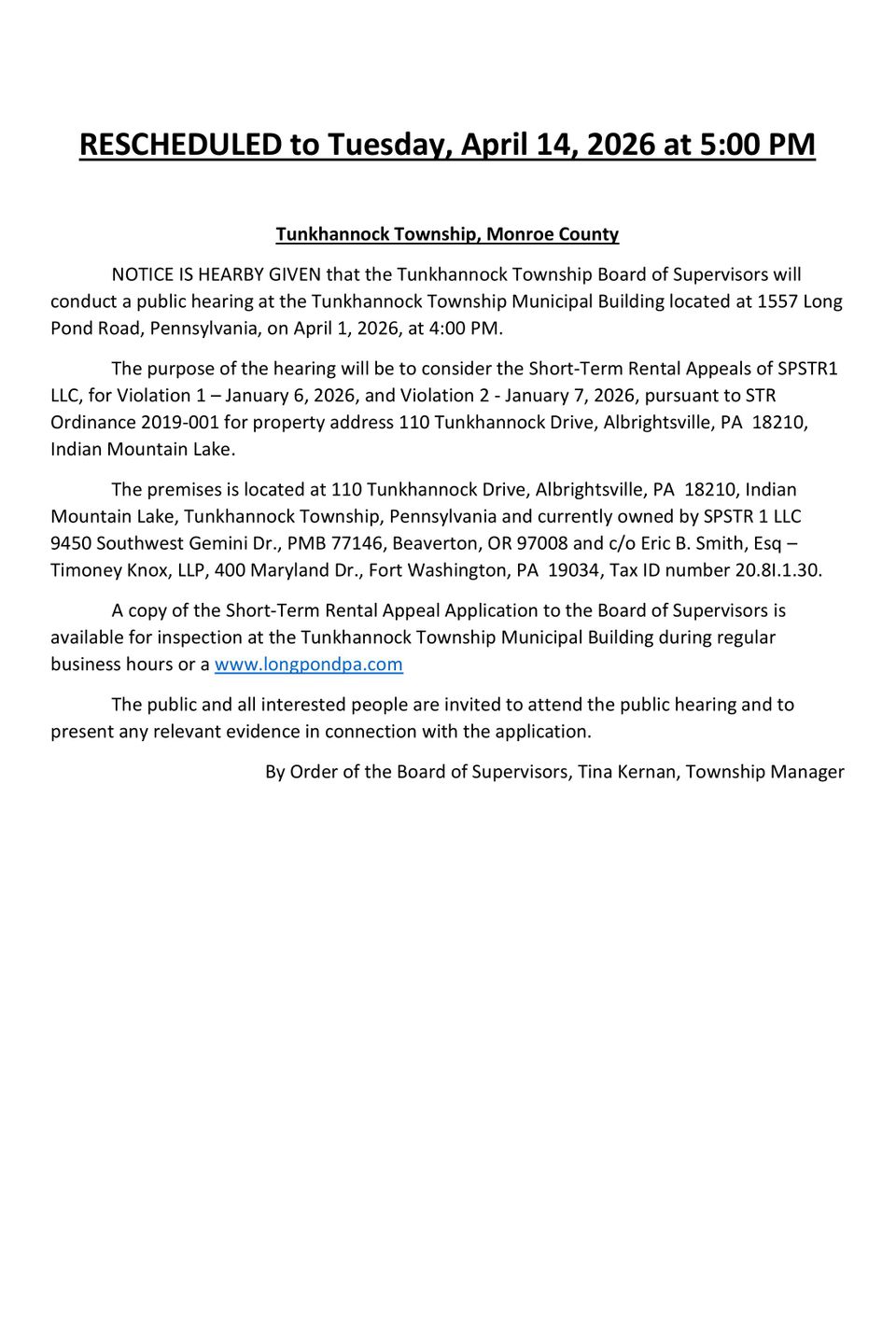 Rescheuled notice   110 tunkhannock dr 4.14.2026
