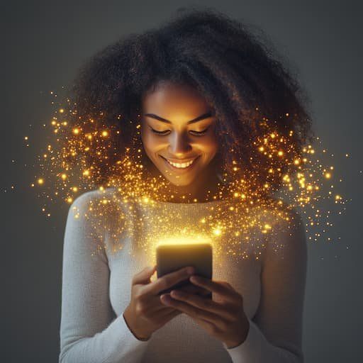 Person looking at their phone with bright stars coming out of the glowing phone 
