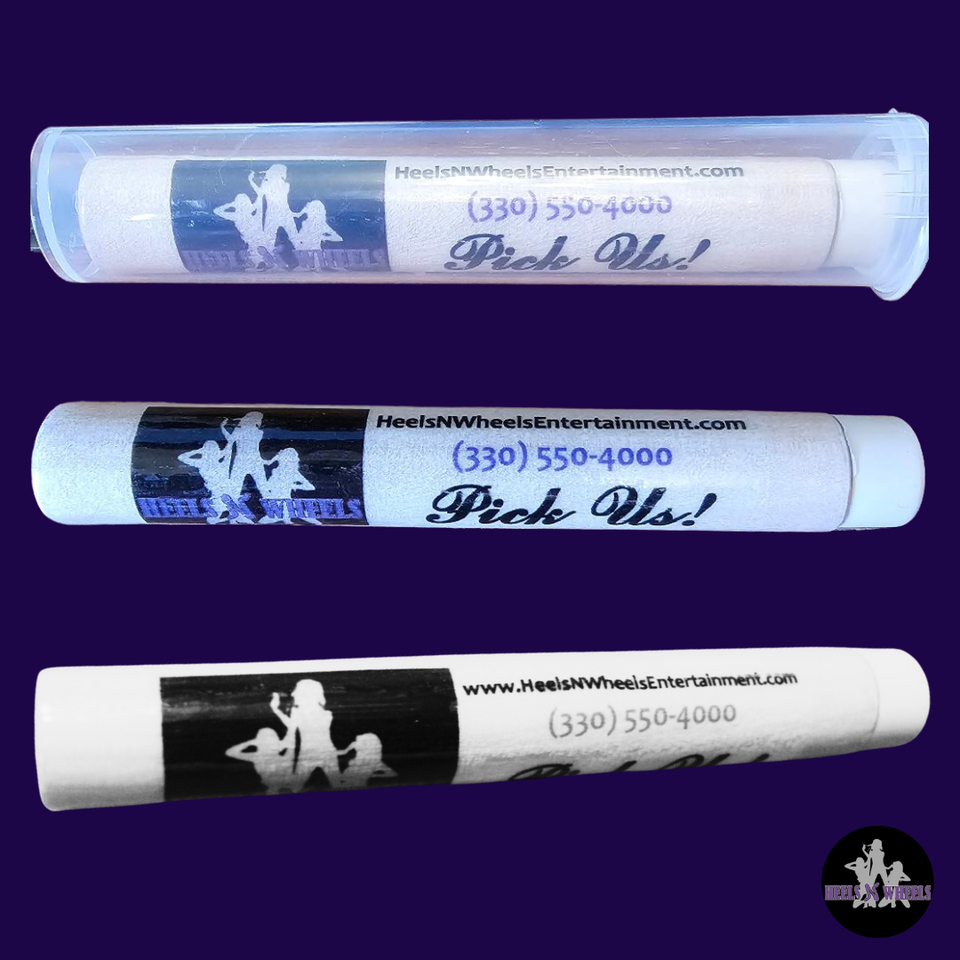 Custom Heels 'n Wheels toothpick tubes featuring the company logo, website, and contact information.