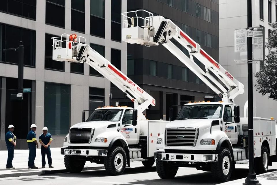 Photo of two bucket trucks lined up on a street with their crew (3) original