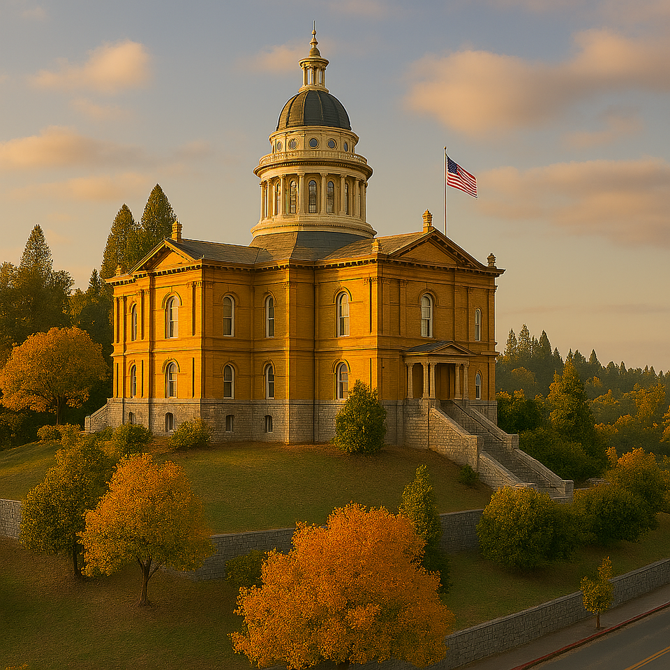 Placer County Courthouse in Auburn CA surrounded by autumn trees on a hill under sunset sky