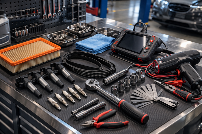 Automotive tune-up workbench with diagnostic tools, spark plugs, and service equipment in a Missouri City, TX repair shop