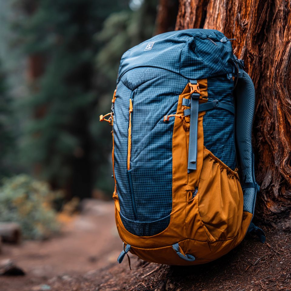 Vecteezy colorful hiking backpack resting against a tree in a forest 74416463