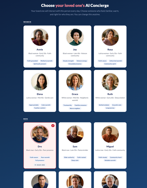 Choose your loved one's AI concierge screen