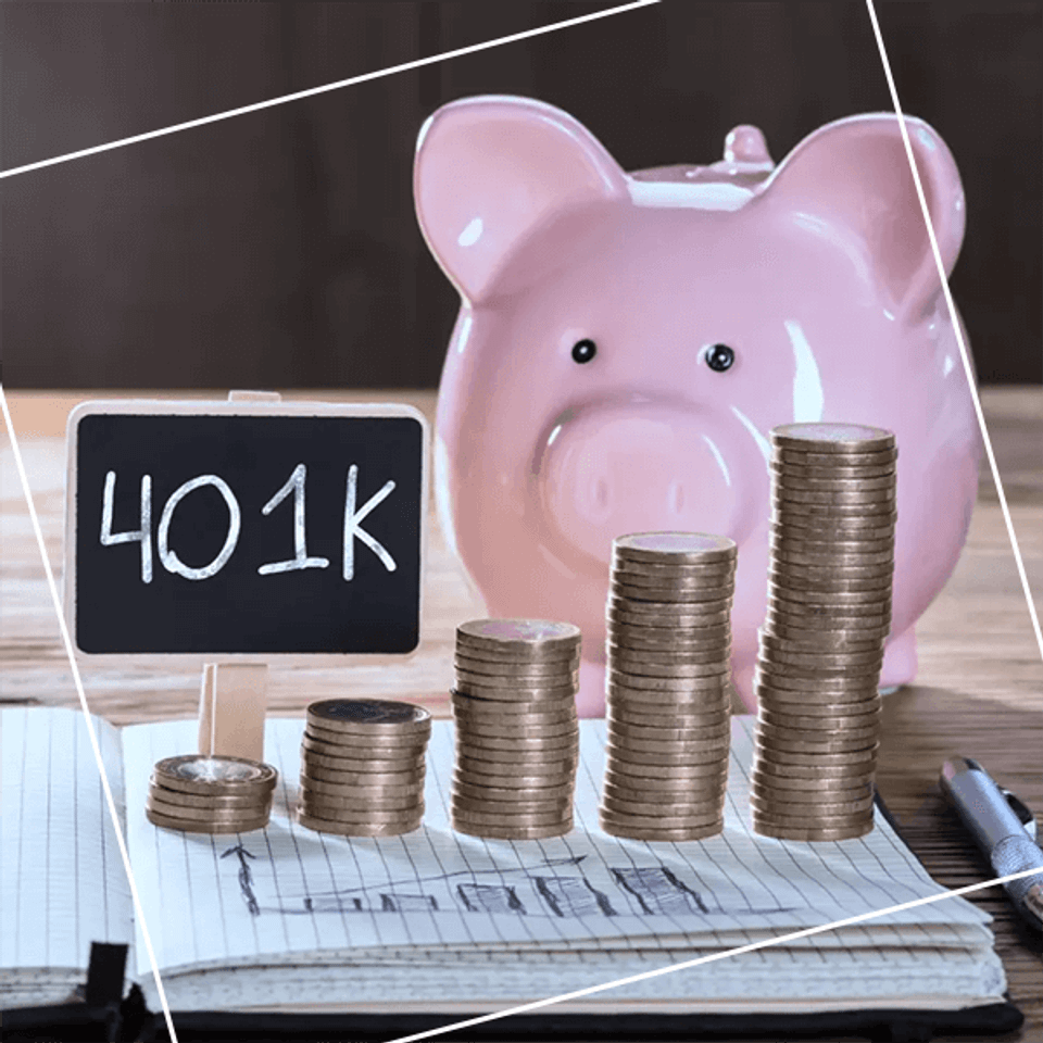 Pink piggy bank with 401k sign and stacks of coins
