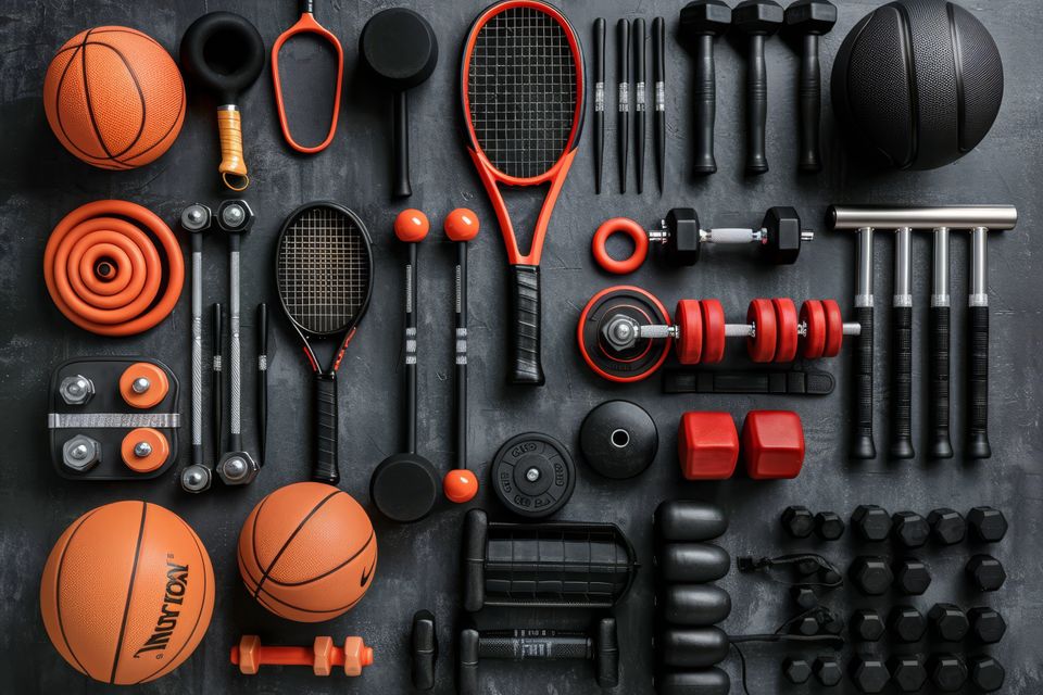 Assorted sports equipment arranged neatly featuring basketball tennis racquet gym weights high contrast lighting