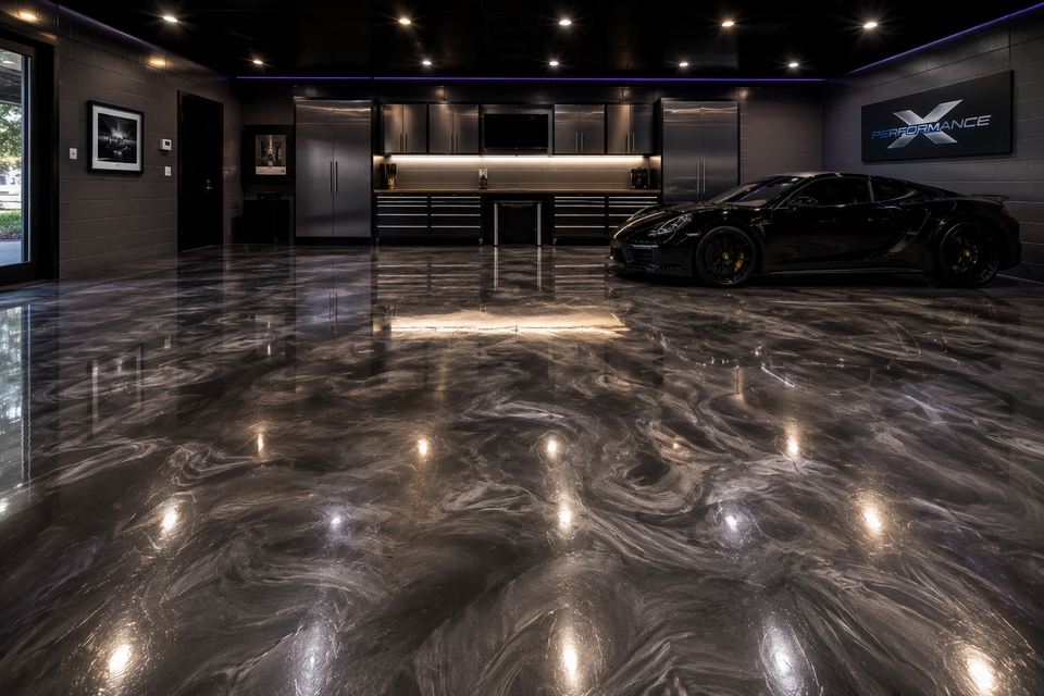 Metallic epoxy floor with dramatic finish