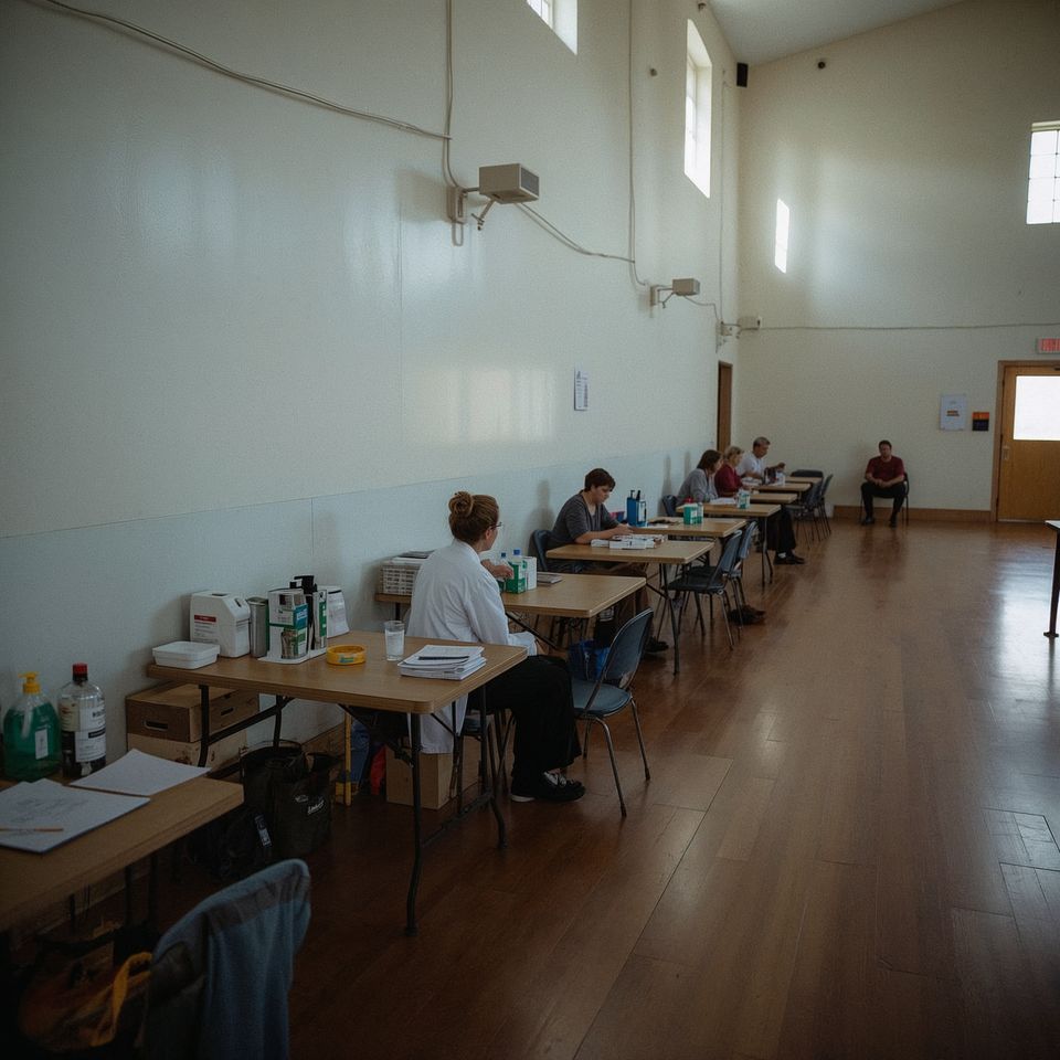 Lucid realism wide documentary photograph of a temporary free medical clinic set up inside a c 3