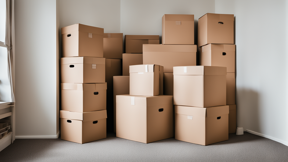 Neatly stacked boxes in a room ready to be moved 449166184