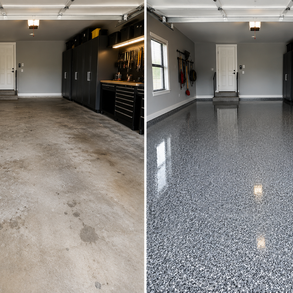 Garage floor expoxy before   after transformation.