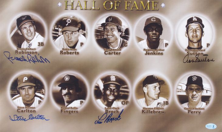 Main 1634953925 quothall of famequot 12x20 photo signed by 4 with brooks robinson don sutton steve carlton amp lou brock feller hologram pristineauction.com