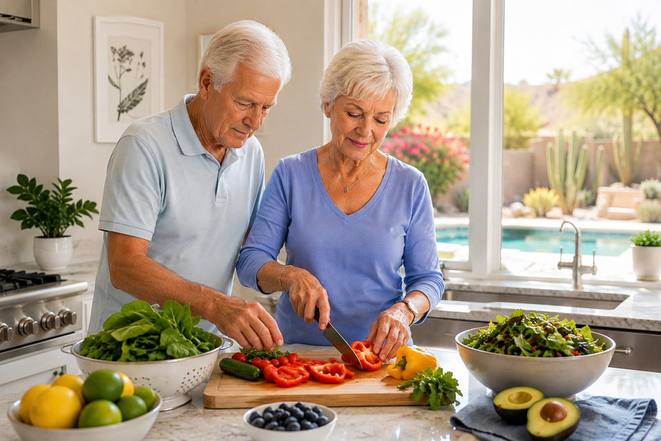 Senior couple preparing a healthy meal together in a bright Scottsdale kitchen as part of an active, healthy lifestyle
