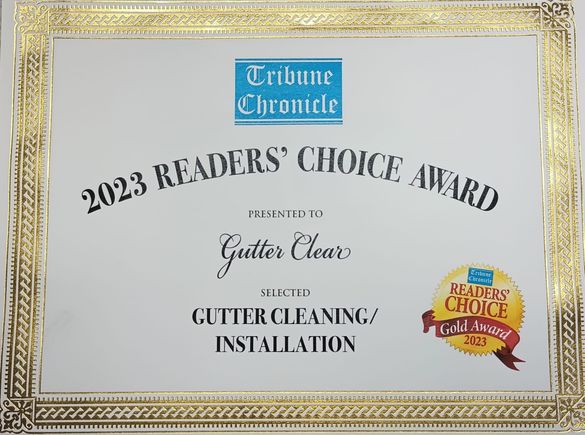 2023 Readers’ Choice Award certificate presented to Gutter Clear LLC for gutter cleaning and installation services.