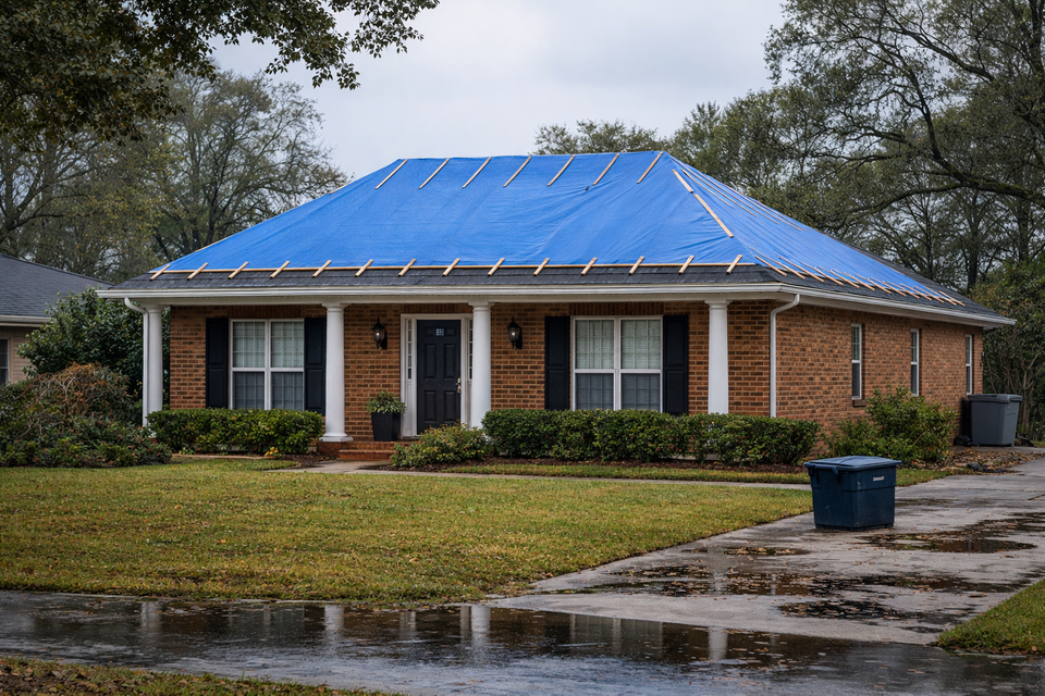 House with a blue tarp on it after being damaged by a storm in Louisiana.