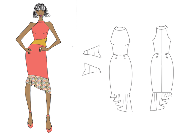 Sketch of a  fashion model wearing a pink dress