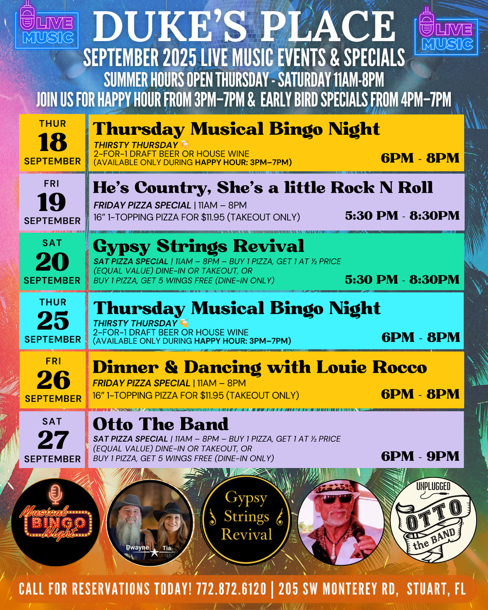 Dukes place weekly events post