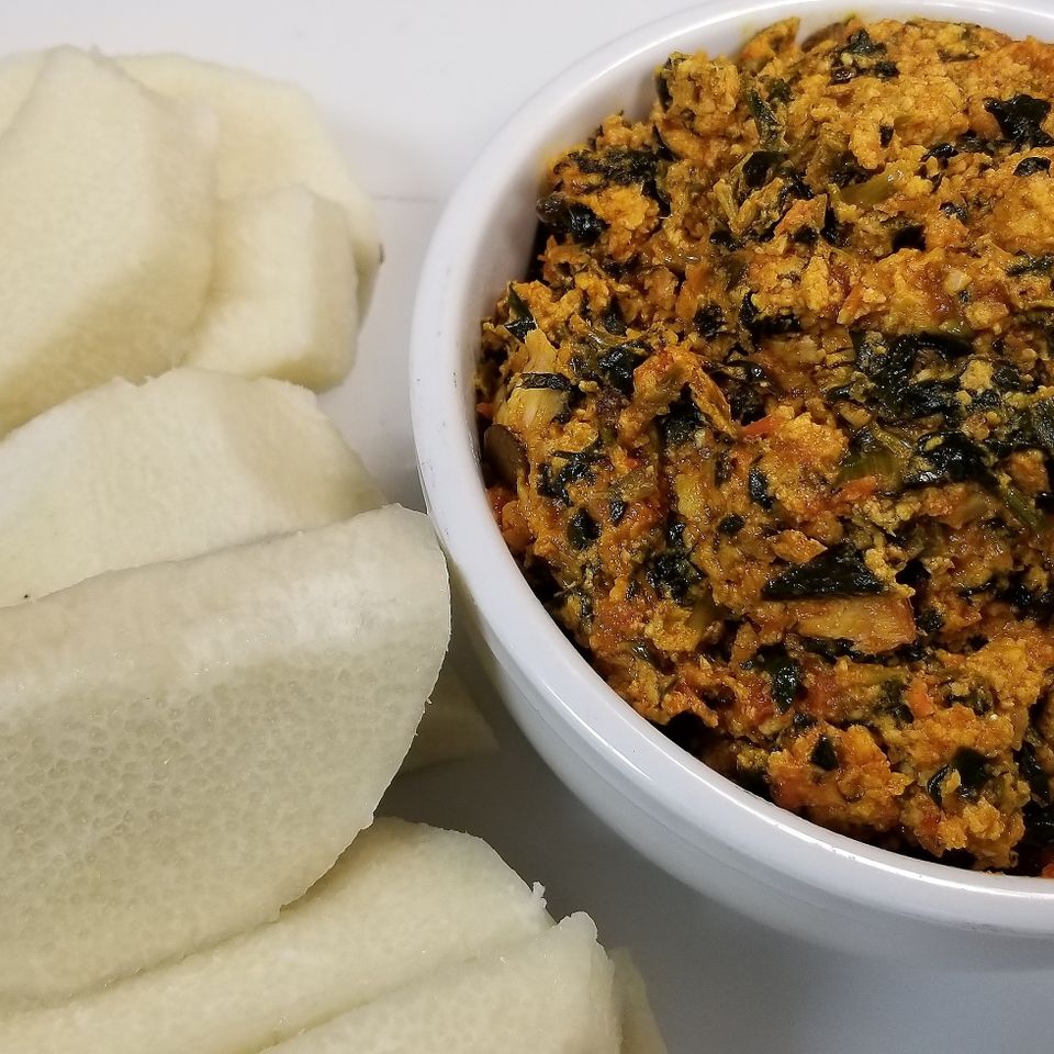 Egusi soup and boiled yams 2