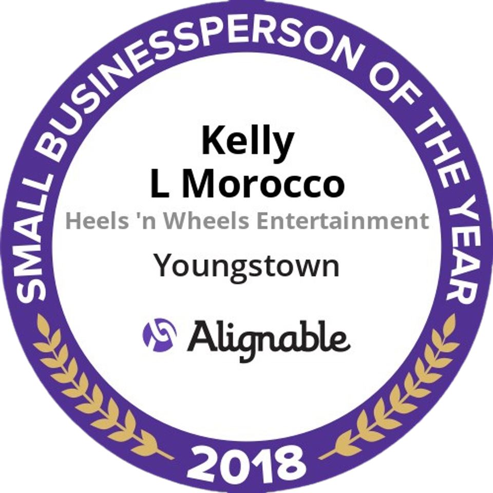 2018 Small Businessperson of the Year award badge recognizing Kelly L. Morocco of Heels 'n Wheels Entertainment in Youngstown.