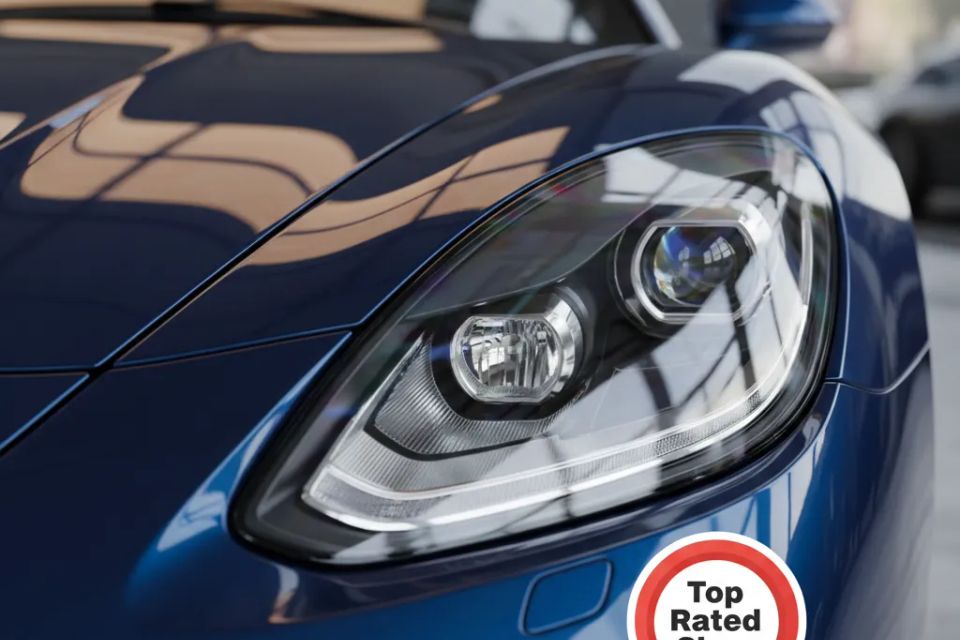 Gleaming blue luxury car headlight with a 'Top Rated Shop' map pin graphic overlay