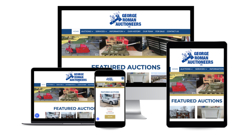 Auction website featuring online auctions, auction listings, and company information for George Roman Auctioneers.
