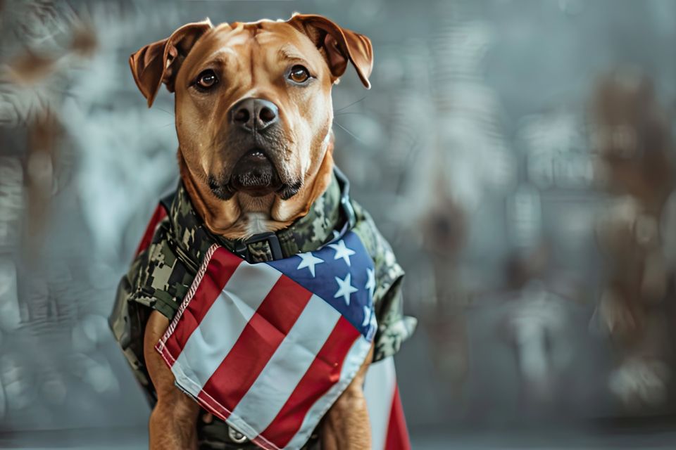Cute brown dog poses indoors wearing military shirt american flag