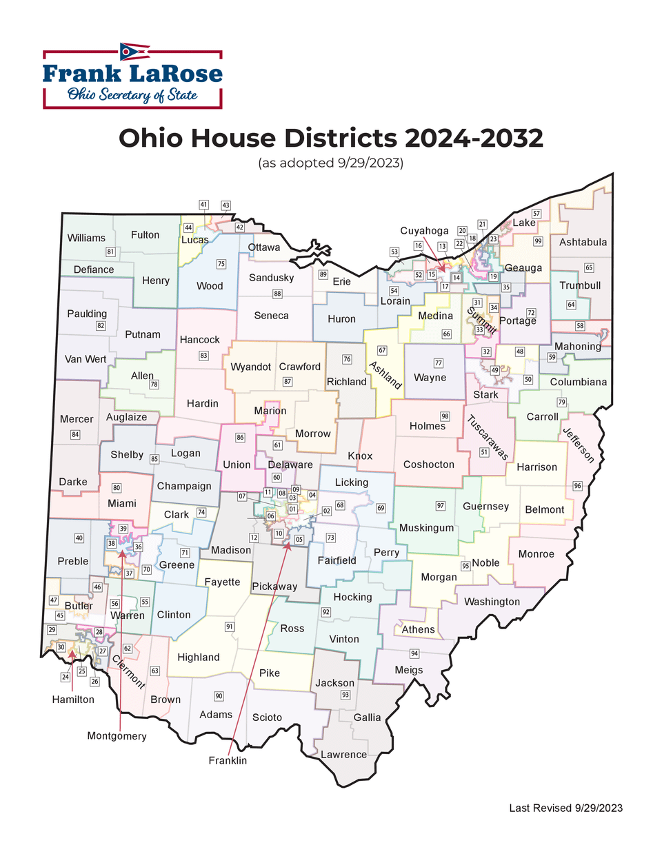 Map of Ohio showing the state’s House districts for 2024–2032.