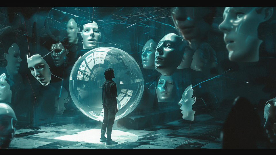 Person standing confidently in a transparent bubble whiel masks surrounded them 