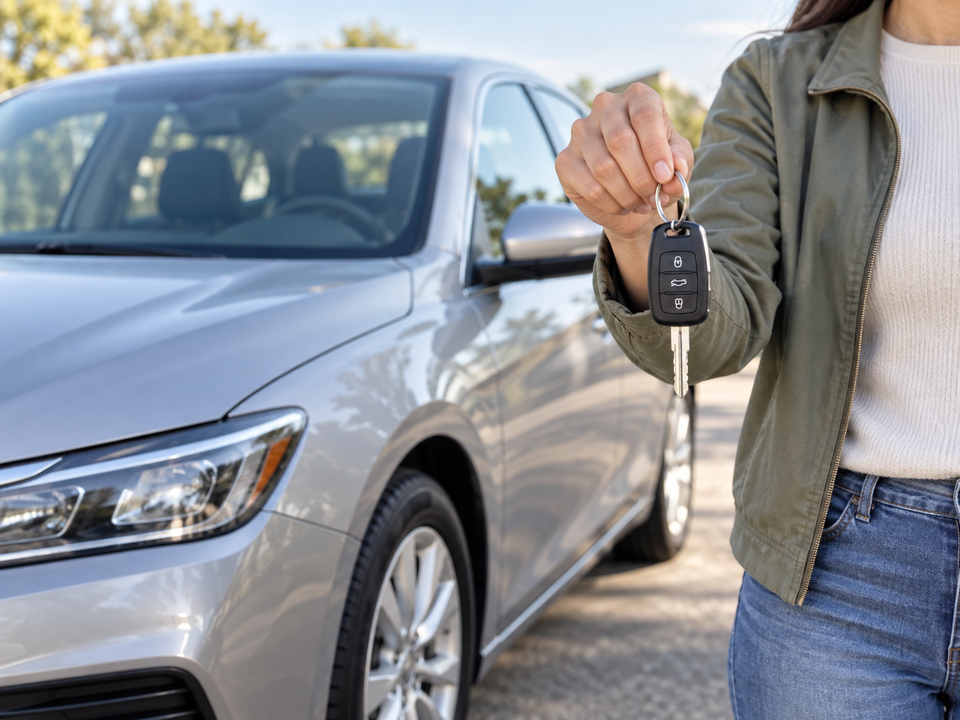 Woman holding up her car keys beside a silver sedan for a car title loan in South Carolina