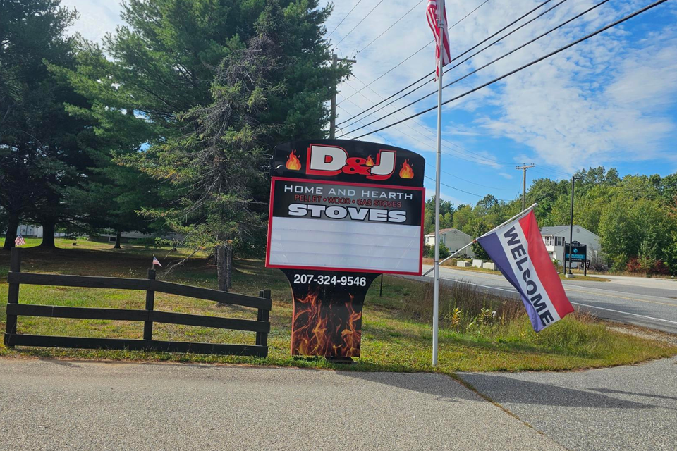 d and j home and hearth exterior signage