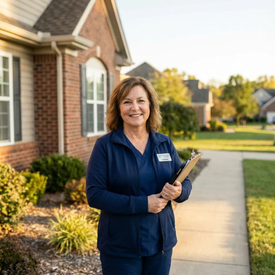 Professional Home Health Director standing outside client home ready to provide senior care assessment.