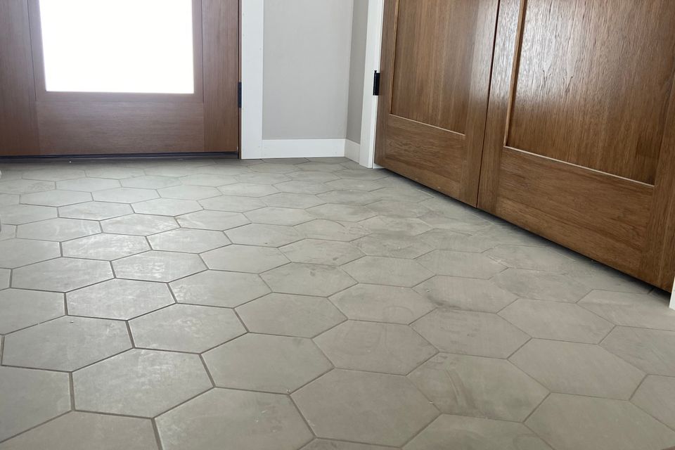 Daltile scrapbook 8 hexagon floor tiles cherished greige sahara beige grout
